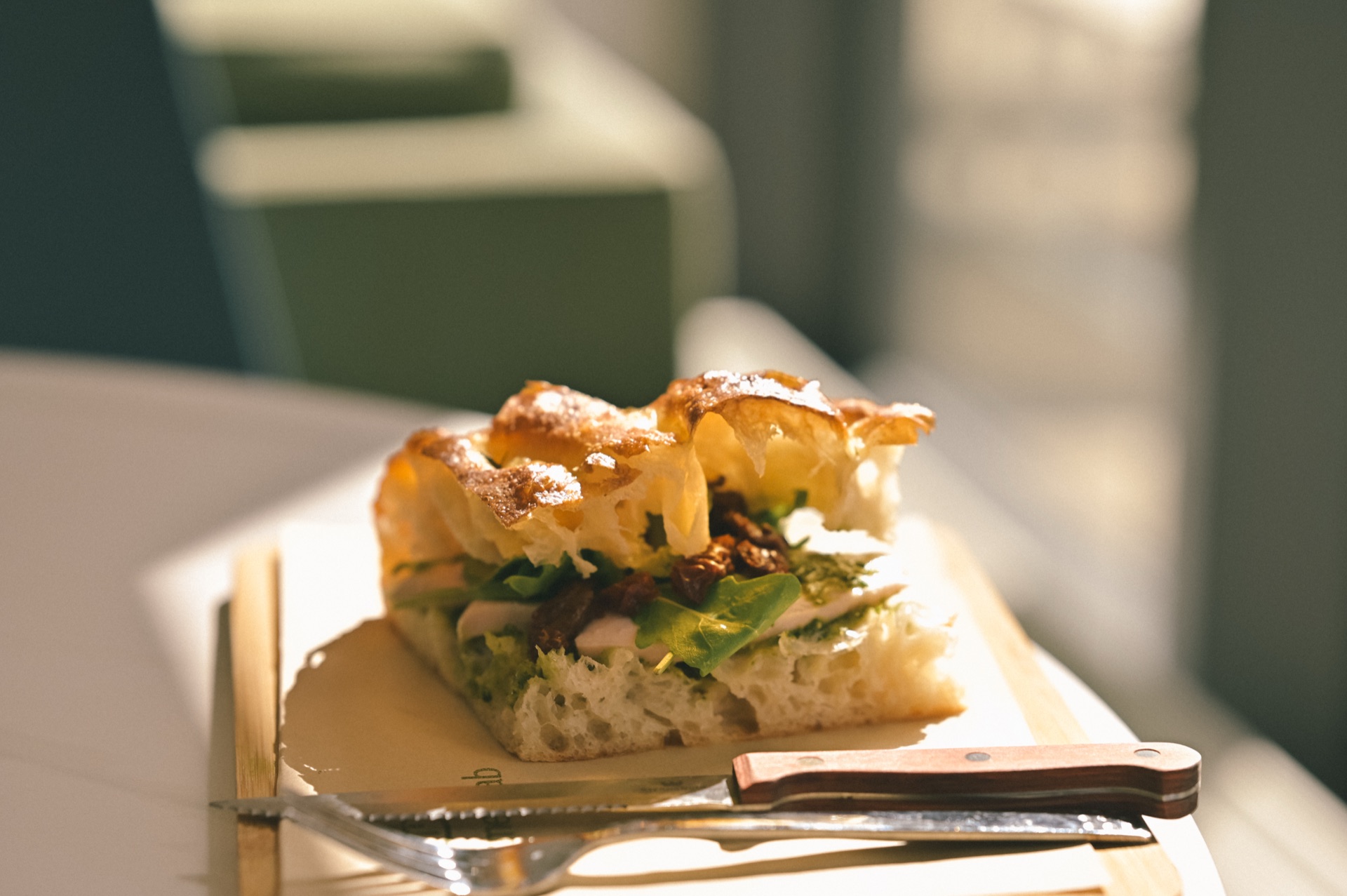 Focaccia sandwich in golden light