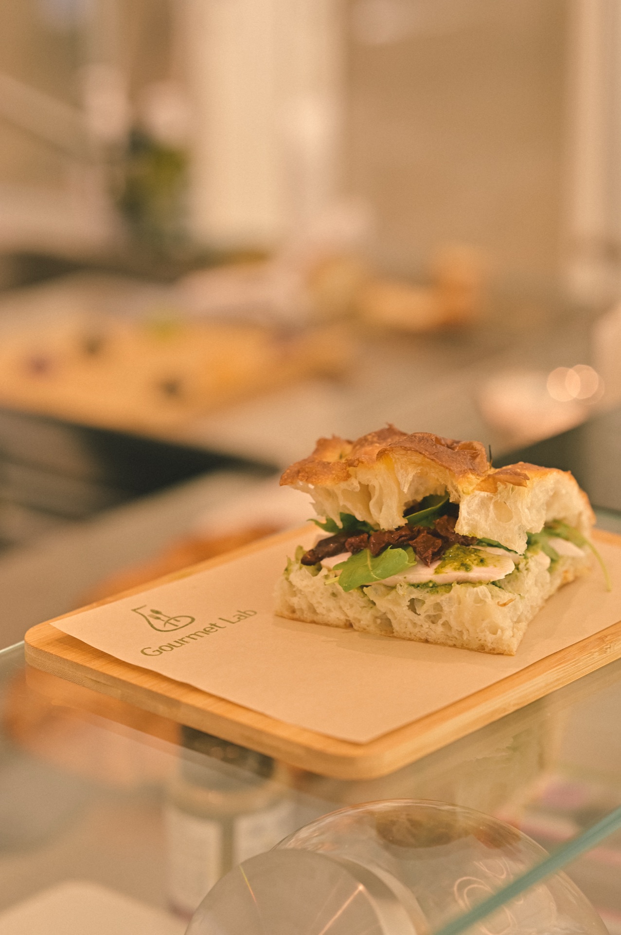 Focaccia sandwich on Gourmet Lab board