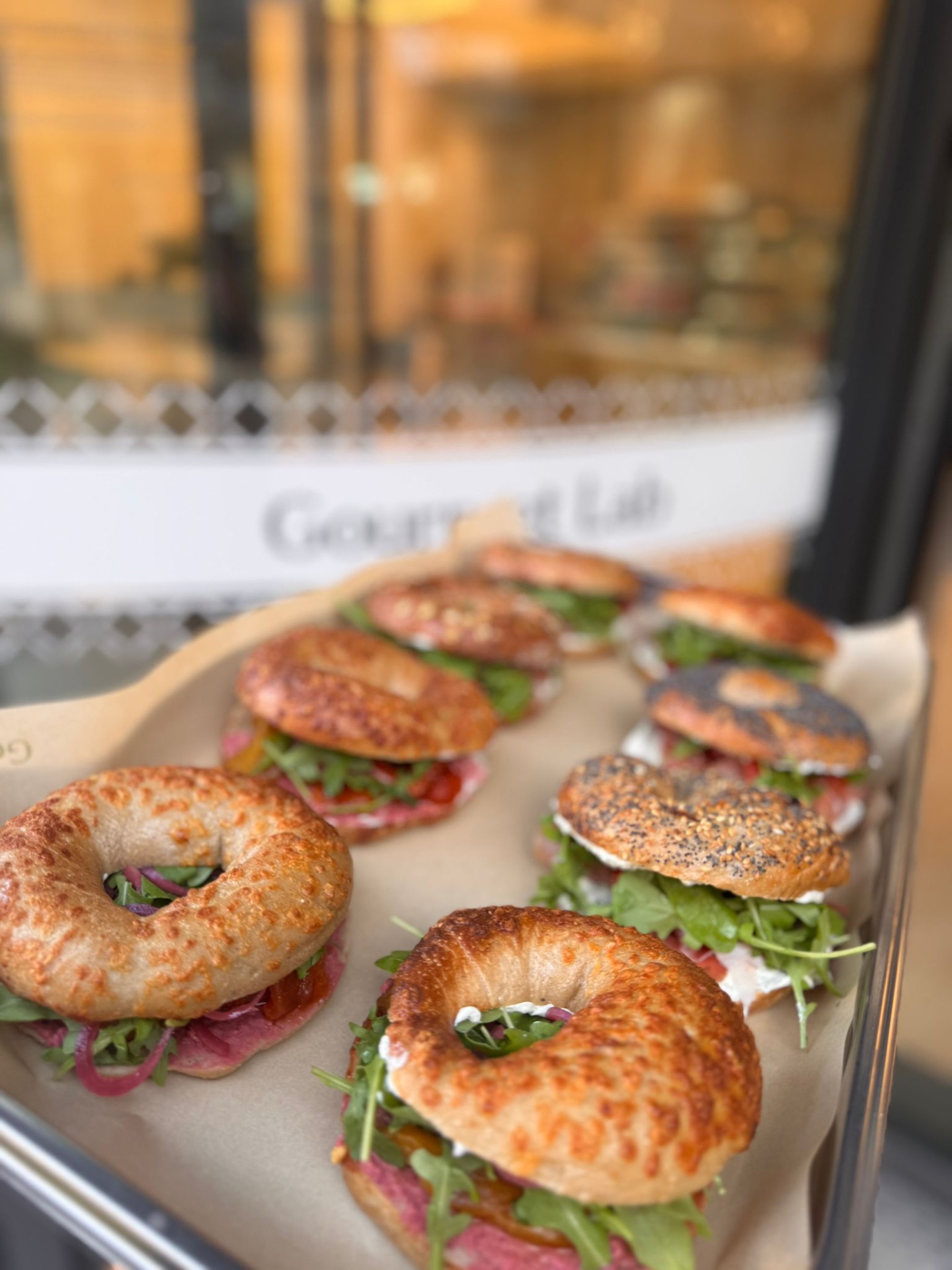 Stuffed bagels on catering tray