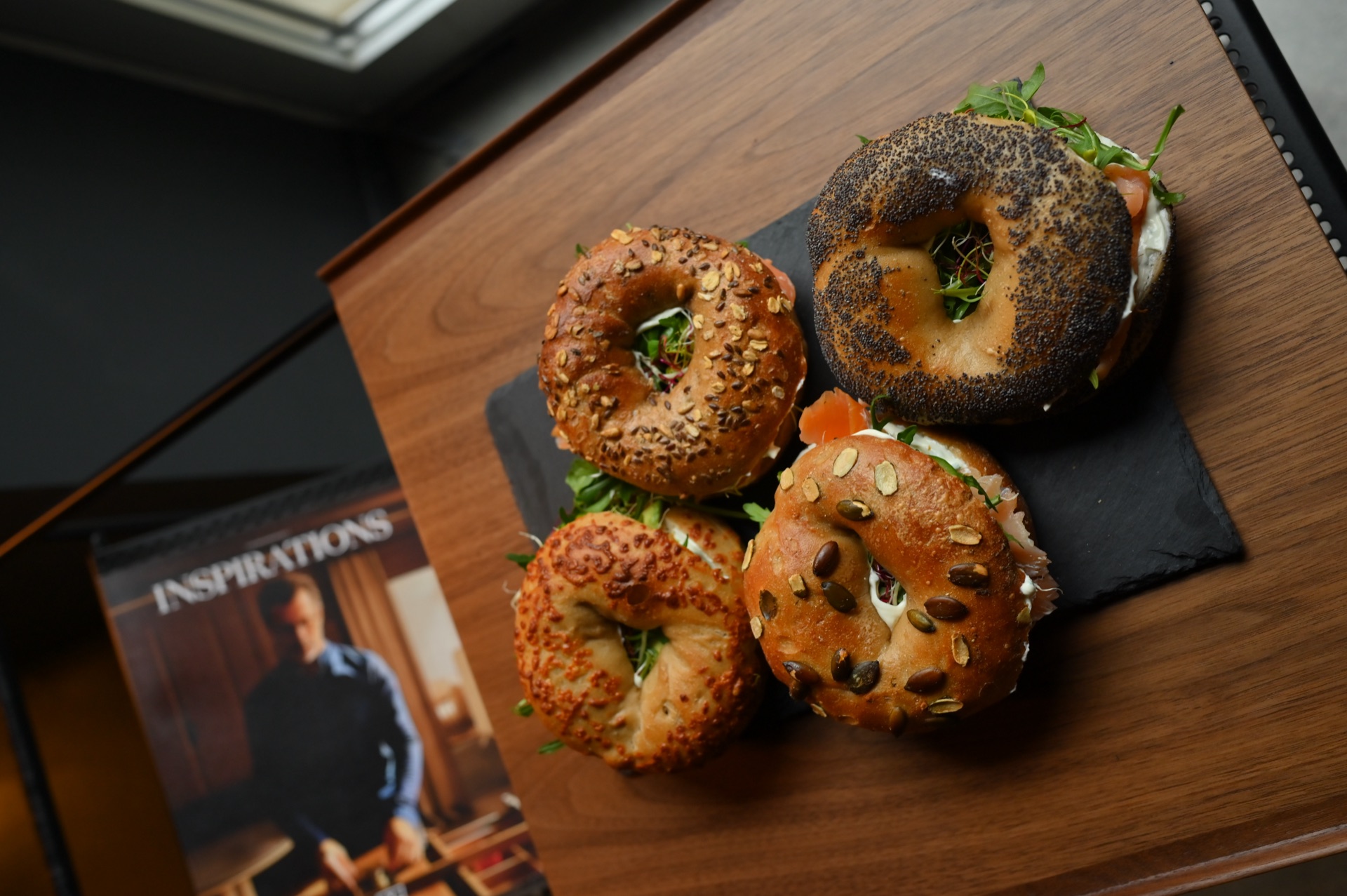 Five bagel sandwiches from above